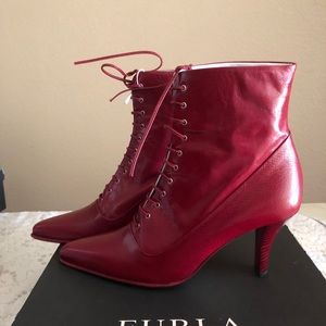 New Furla red leather lace up boots sz 38
